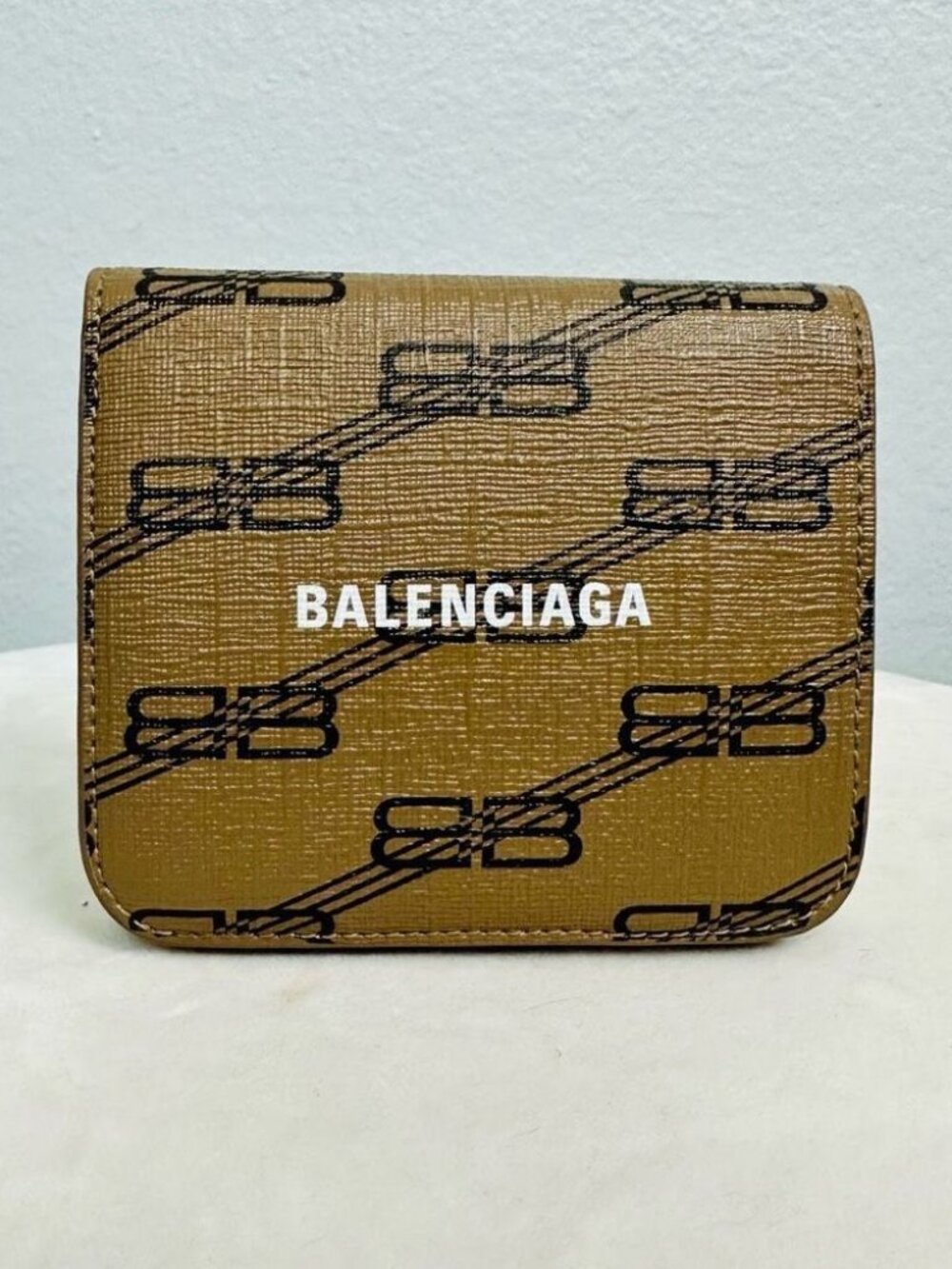 Balenciaga Signature BB Monogram Tan Brown Small Compact Wallet